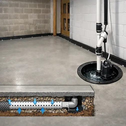 Dry finished basement after drainage system and sump installation