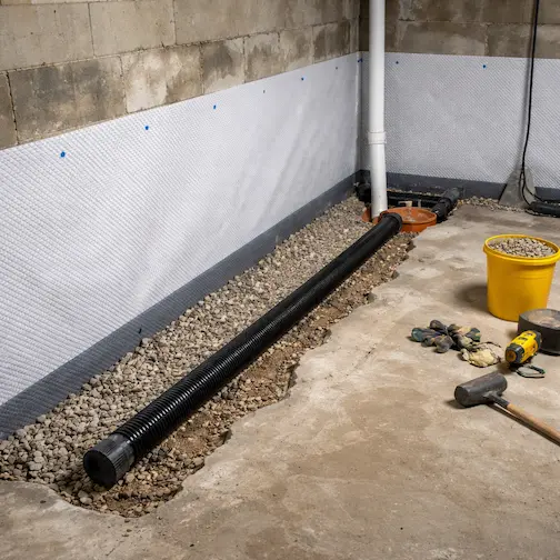 Basement wall after crack injection drainage installation and waterproofing system completion