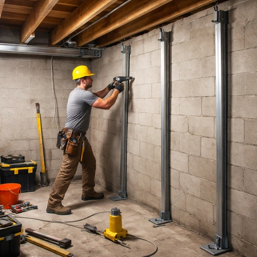 Foundation wall stabilized with braces or anchors