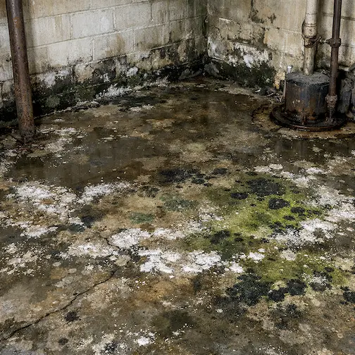 Wet basement floor with mold and efflorescence before repair