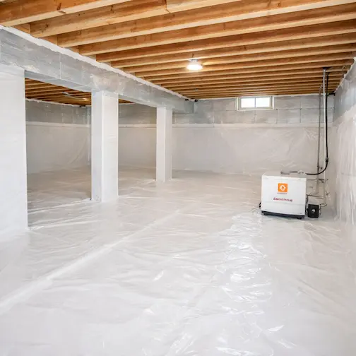 Fully encapsulated crawl space with vapor barrier wall insulation and dehumidifier