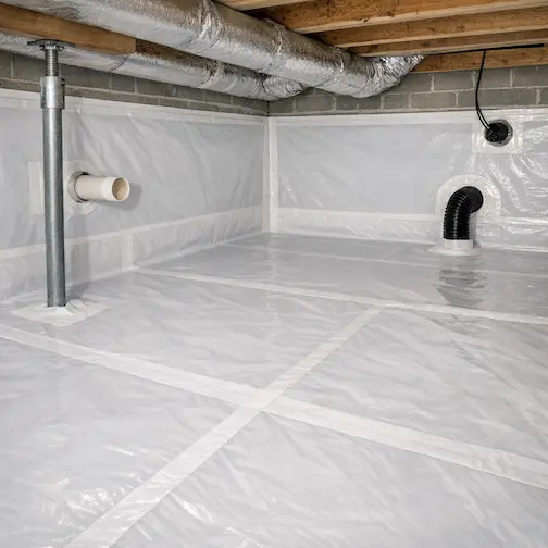 Completed crawl space vapor barrier installation with wall attachment and sealed seams