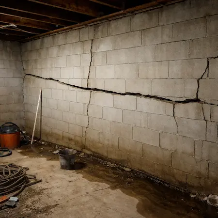 Cracked bowing basement wall before repair Fort Collins