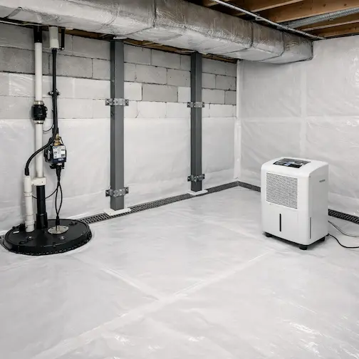 Completed crawl space encapsulation with drainage sump pump and full vapor barrier system