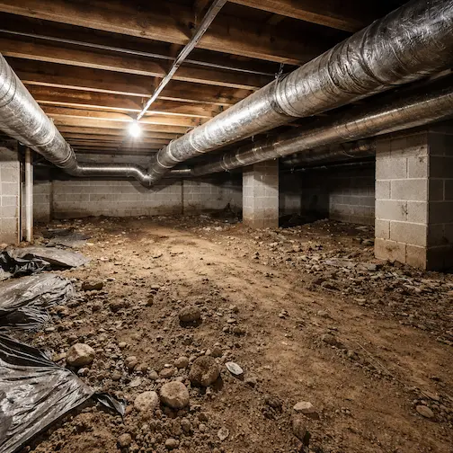 Wet crawl space with standing water deteriorated materials and structural damage before repair