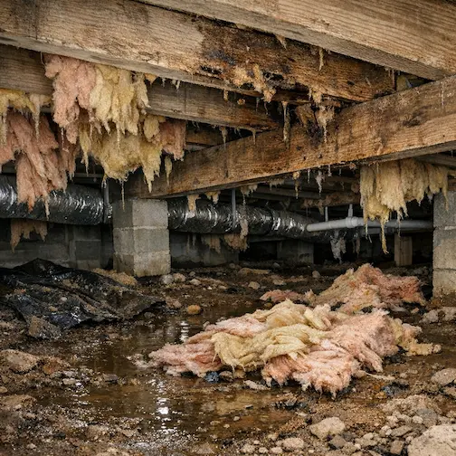 Crawl space with no vapor barrier wet soil and fallen insulation before repair