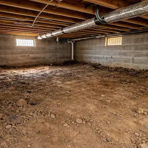 Open vented crawl space with mold and moisture damage before encapsulation