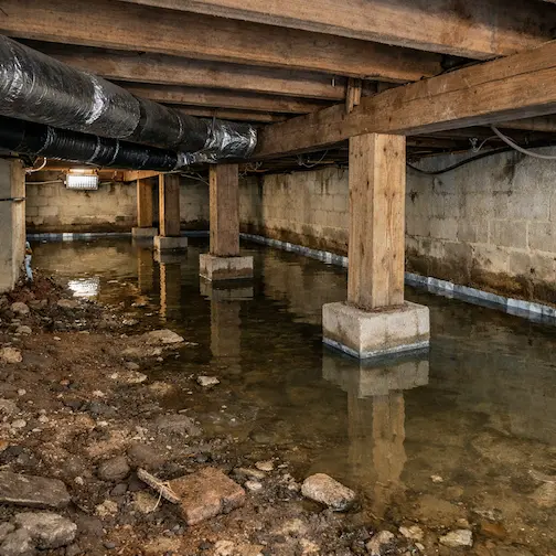 Crawl space inspection showing standing water and failed drainage in Northern Colorado home