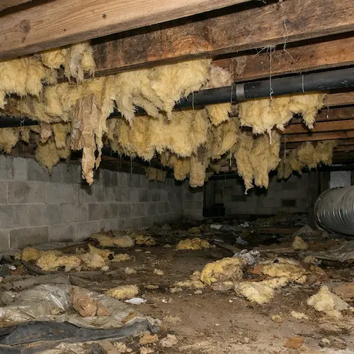 Damp crawl space with deteriorated insulation and failed vapor barrier before repair