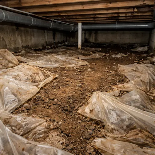 Deteriorated crawl space vapor barrier with exposed soil and mold damage