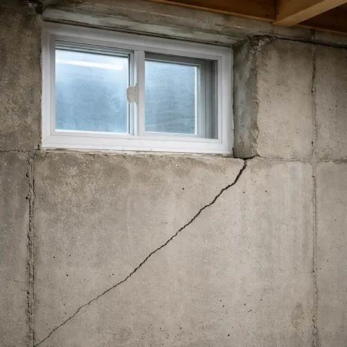 Diagonal crack in poured concrete foundation wall from corner of window opening