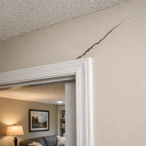 Interior drywall crack at door frame corner indicating foundation movement