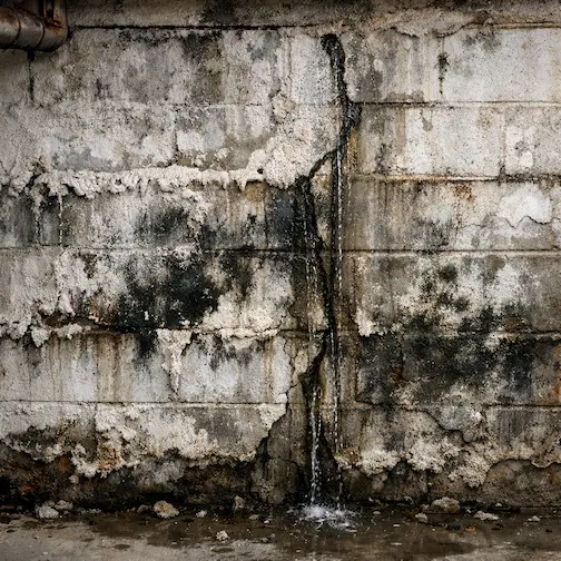 Efflorescence and mold on basement walls before treatment