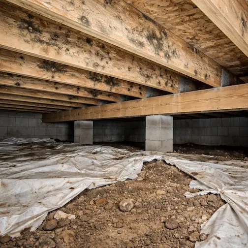 Crawl space inspection revealing mold on floor joists and failed vapor barrier