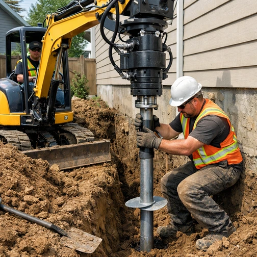 Foundation stabilized with helical piers