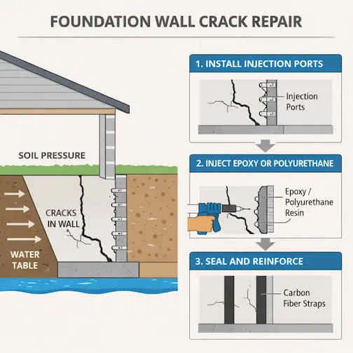 Foundation wall crack repair diagram