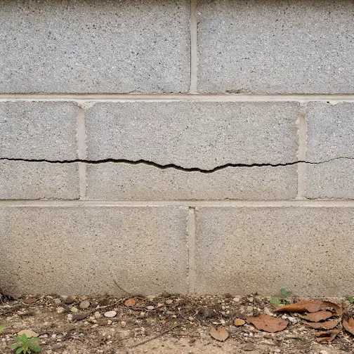 Horizontal crack in concrete block foundation wall indicating lateral soil pressure