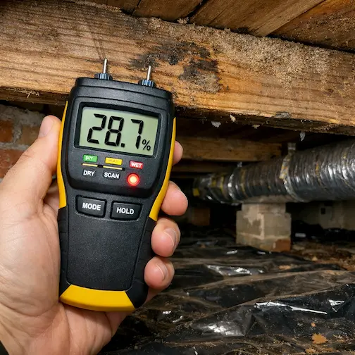 Moisture meter reading elevated wood moisture content in crawl space joist