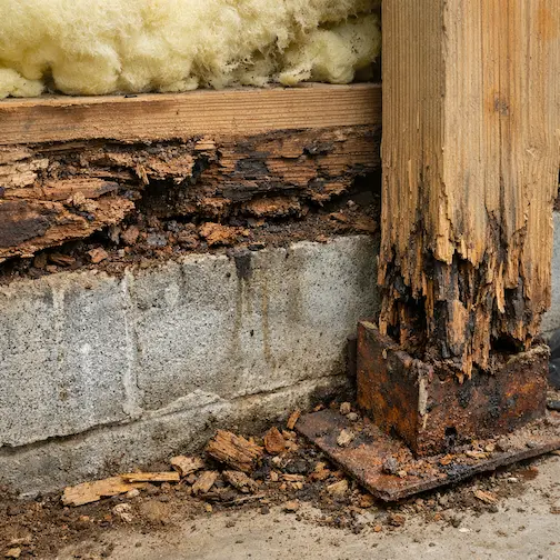 Crawl space inspection finding rotted sill plate and compromised structural support post