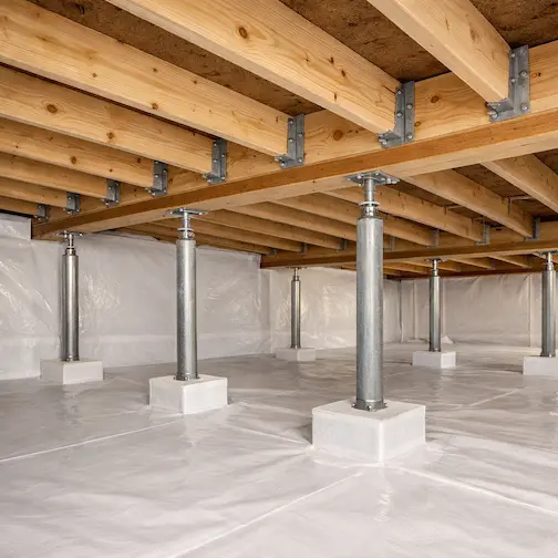 Repaired floor joists and encapsulated crawl space after structural repair
