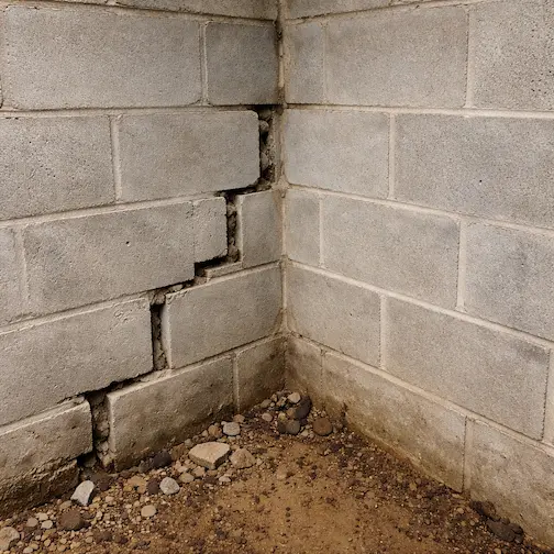 Stair step cracking in concrete block foundation wall indicating settlement