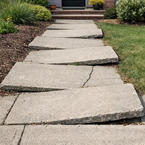 Tilted sidewalk panels creating trip hazard before concrete leveling